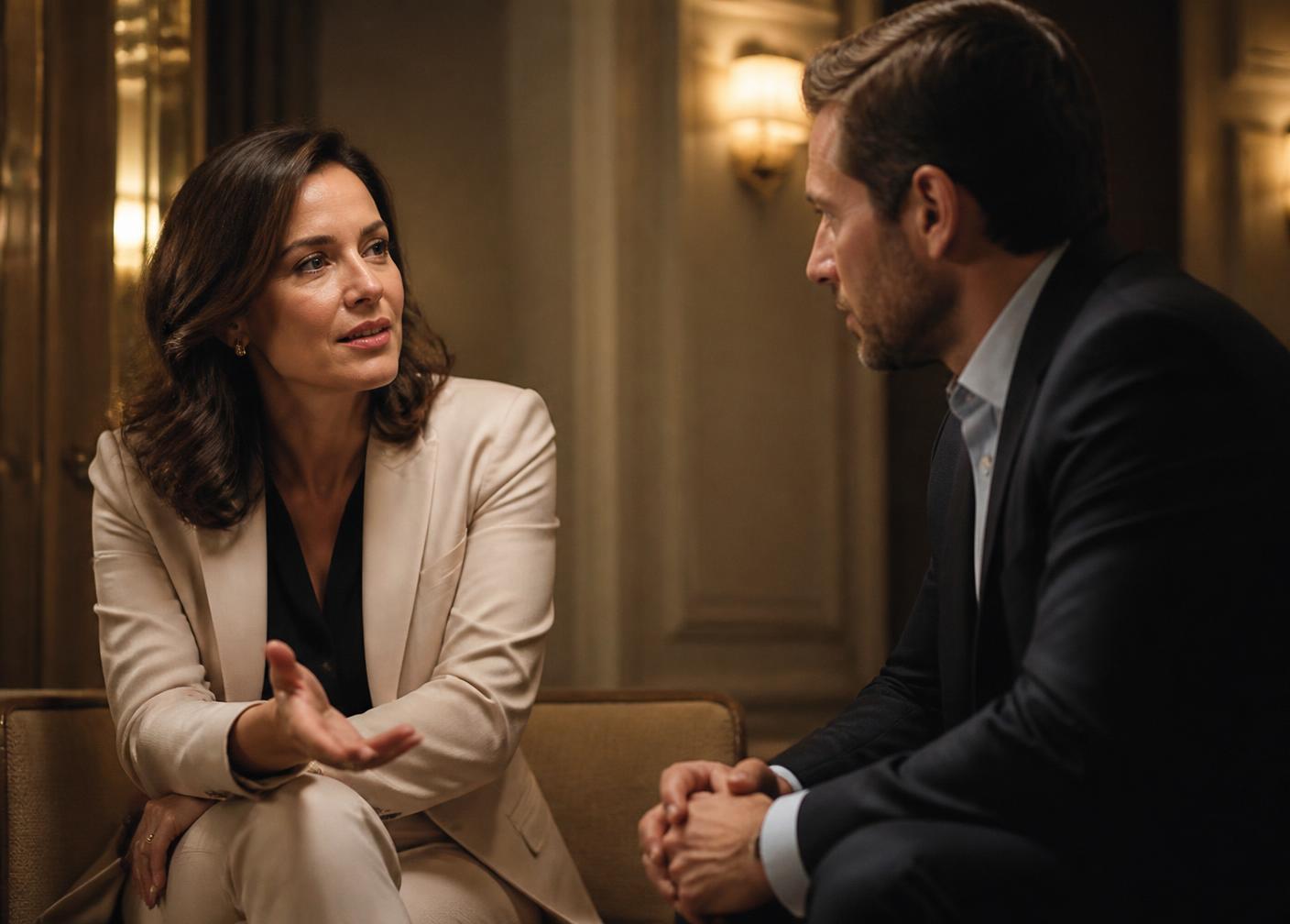 Two professionals mid-conversation in a quiet, low-lit lounge, warm ambient light