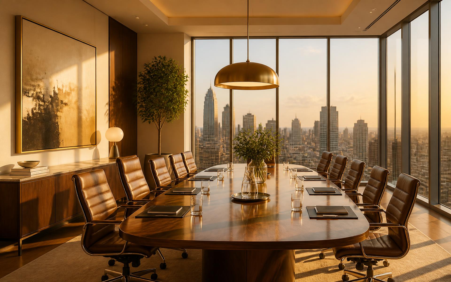 Sunlit executive boardroom high above a city skyline
